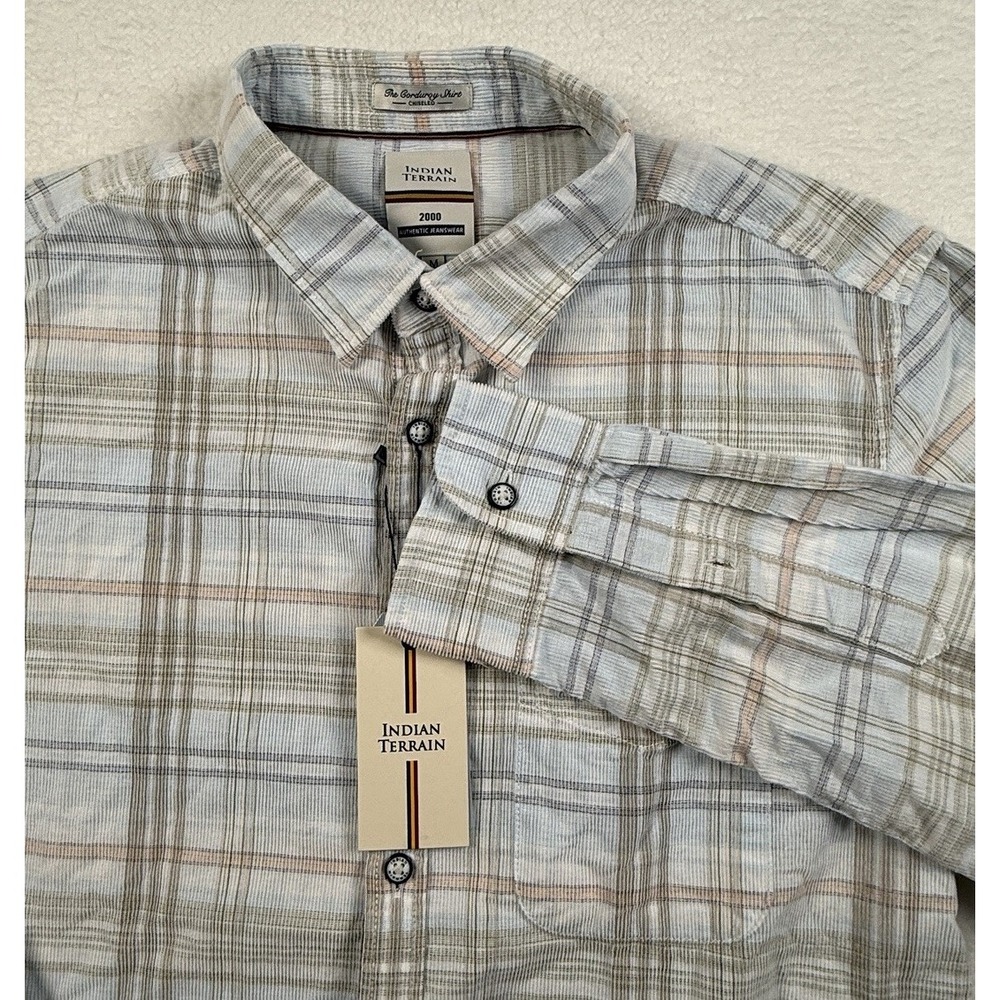 Indian Terrain Men's Medium Chiseled Corduroy Long Sleeve Button Up Plaid‎ Shirt